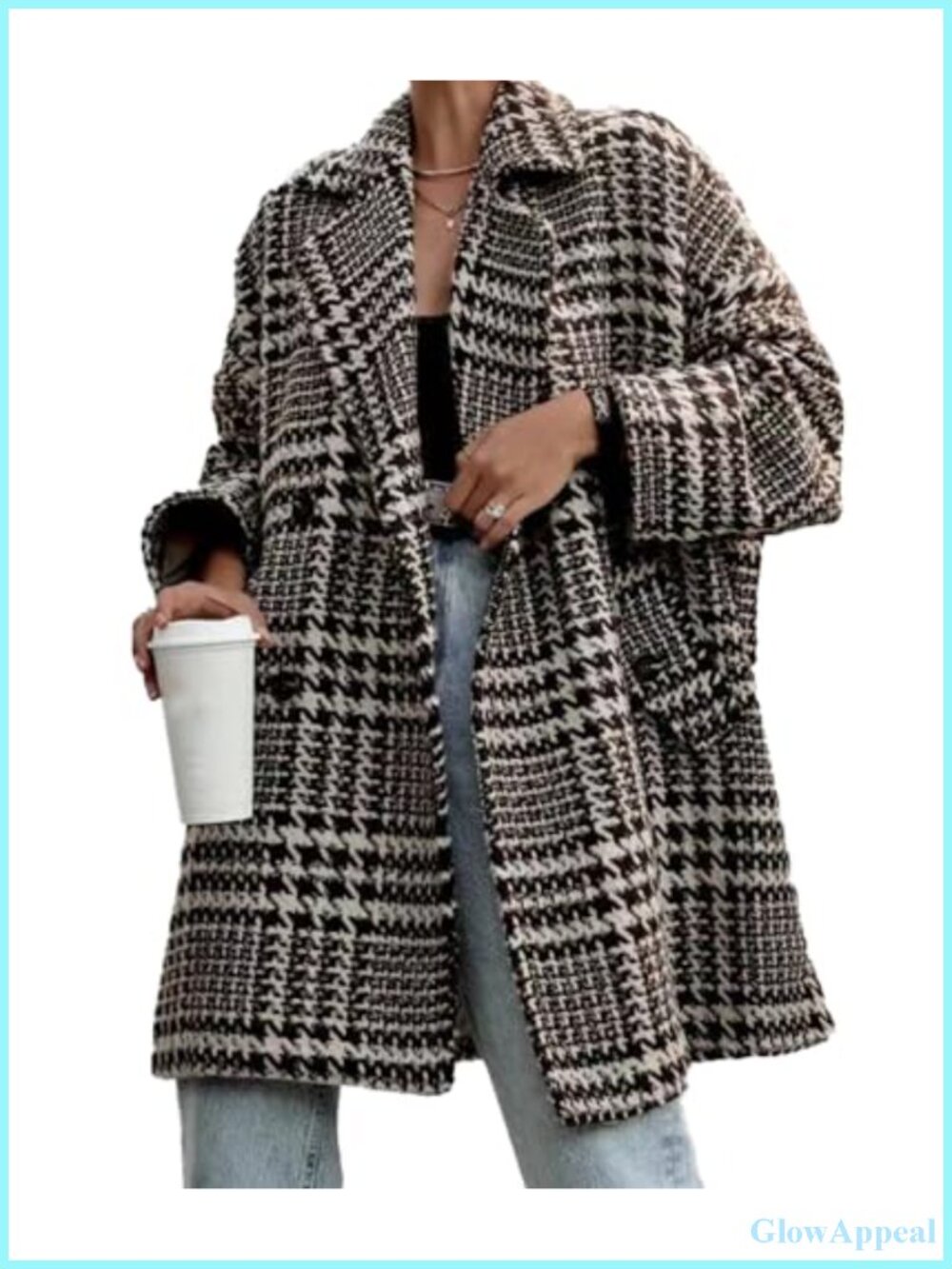 Women's Houndstooth Wool Blend Pea Coat Double Breasted Notch Lapel Mid Long